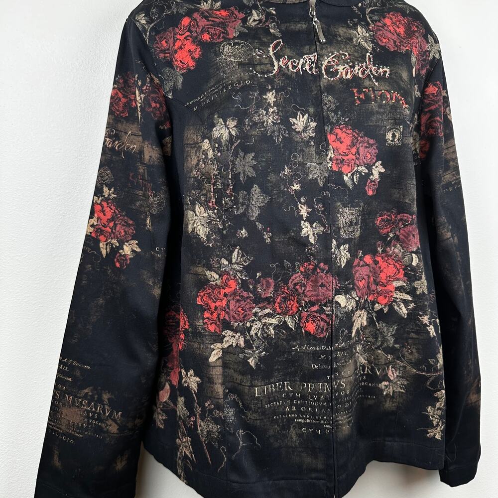 VTG Cactus Jacket Blazer Full Zip Secret Garden Floral Rinestones Black L Artsy - Picture 4 of 13